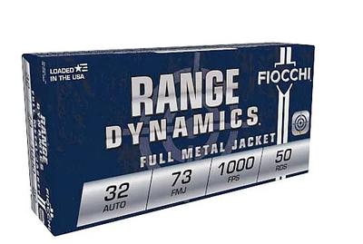 Fiocchi Range Dynamics 32 Auto 73 Grain FMJ Brass Pistol Ammunition 32AP 